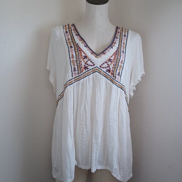 Knox Rose Blouse White Embroidered V Neck Short Sleeve Boho Popover Womens XXL - Picture 2 of 14